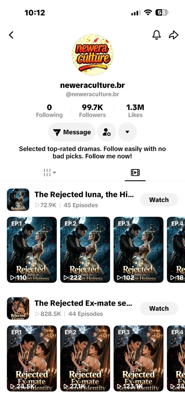 TikTok profile snapshot for neweraculture.br showing followers, likes, and drama views