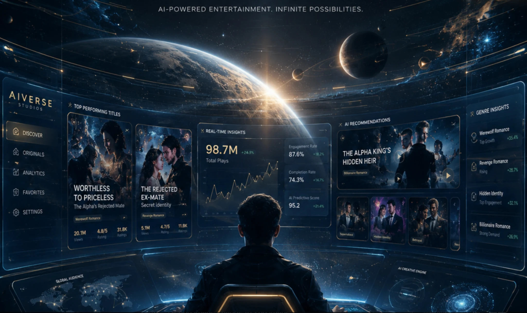 Concept visualization of the AIVerse intelligence layer with a human using a futuristic AI entertainment interface